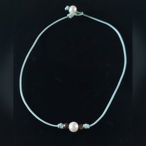 New Handmade Peacock & White Pearl & Light Blue Leather Necklace